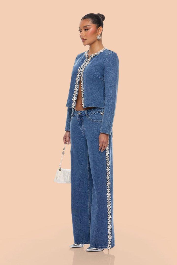 Came To Play Rhinestone Denim Jeans - Vintage Wash
