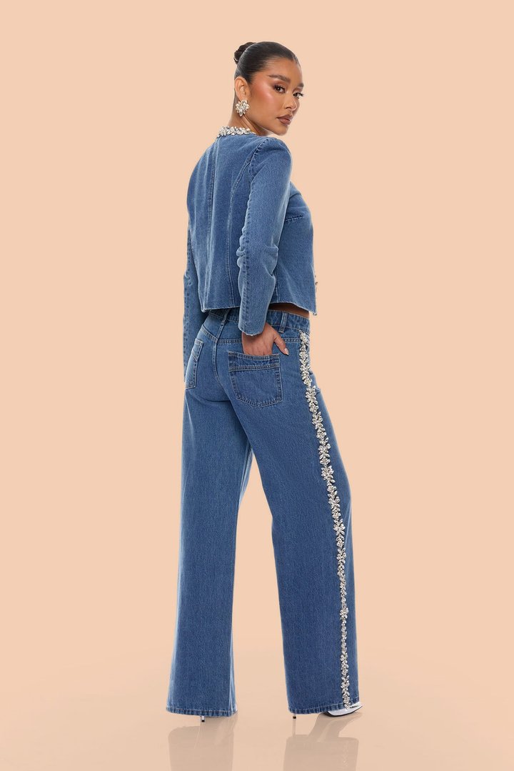 Came To Play Rhinestone Denim Jeans - Vintage Wash