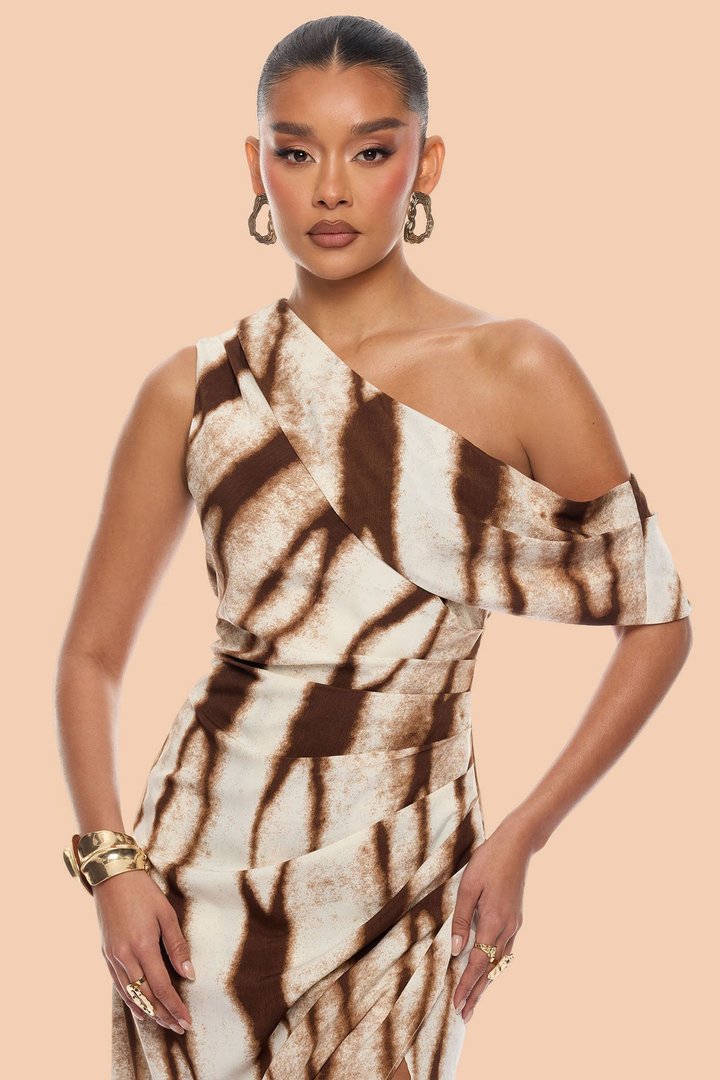 Eviana One Shoulder Chiffon Maxi Dress - Brown Combo