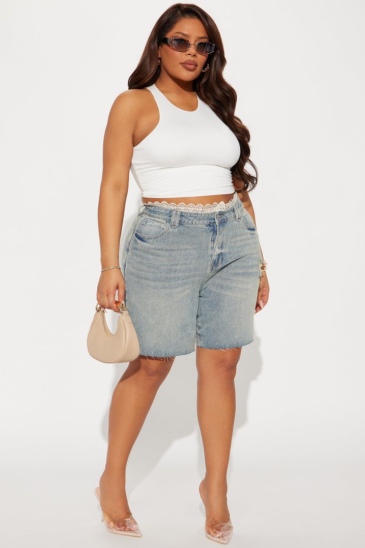 Day Dream Lace Trim Denim Bermuda Shorts - Vintage Wash