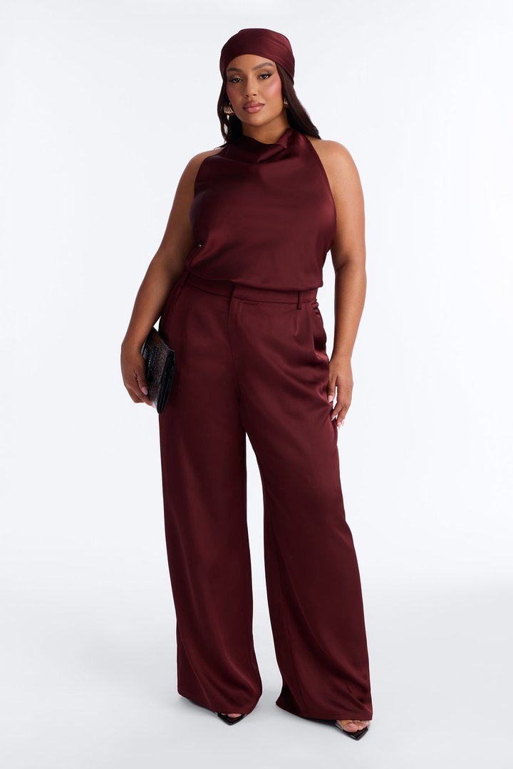 Isabelle Satin Halter Bodysuit 3 Piece Pant Set - Brown