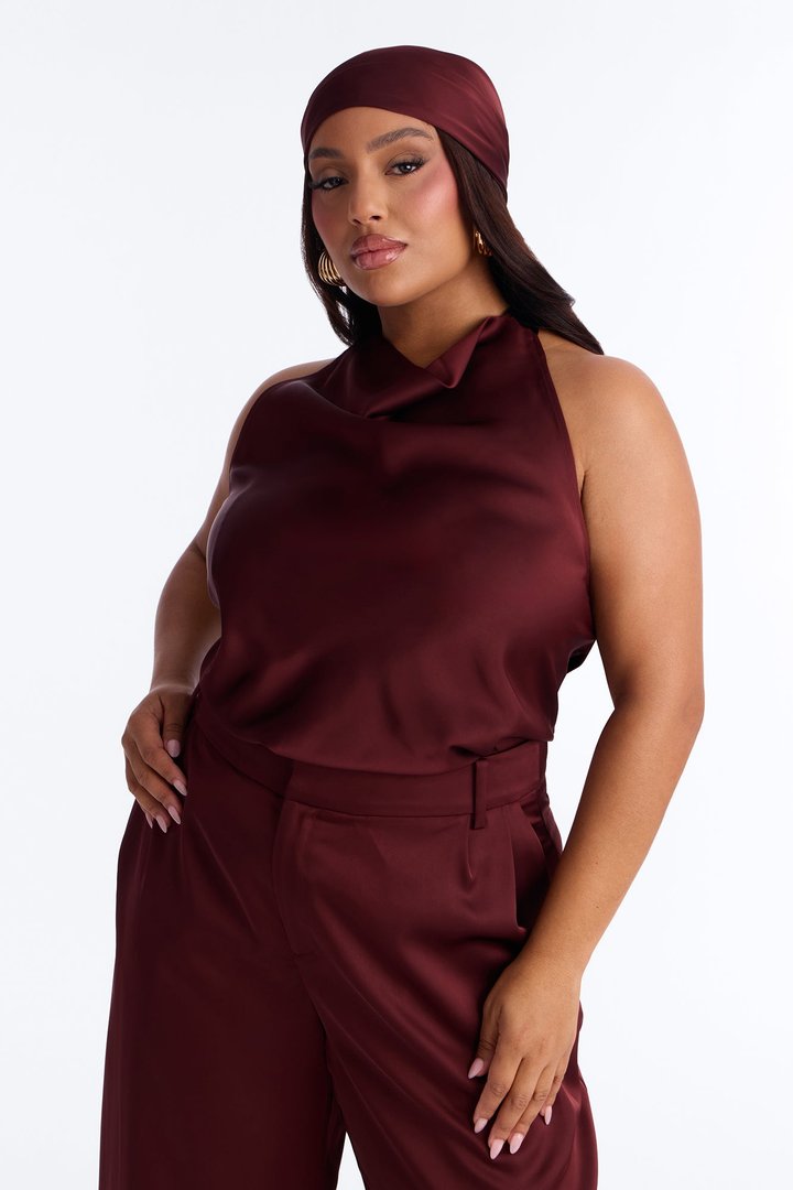 Isabelle Satin Halter Bodysuit 3 Piece Pant Set - Brown