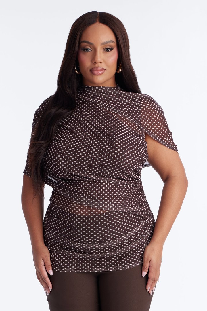 Kendall Mesh Polka Dot Mock Neck Short Sleeve Top - Brown/combo
