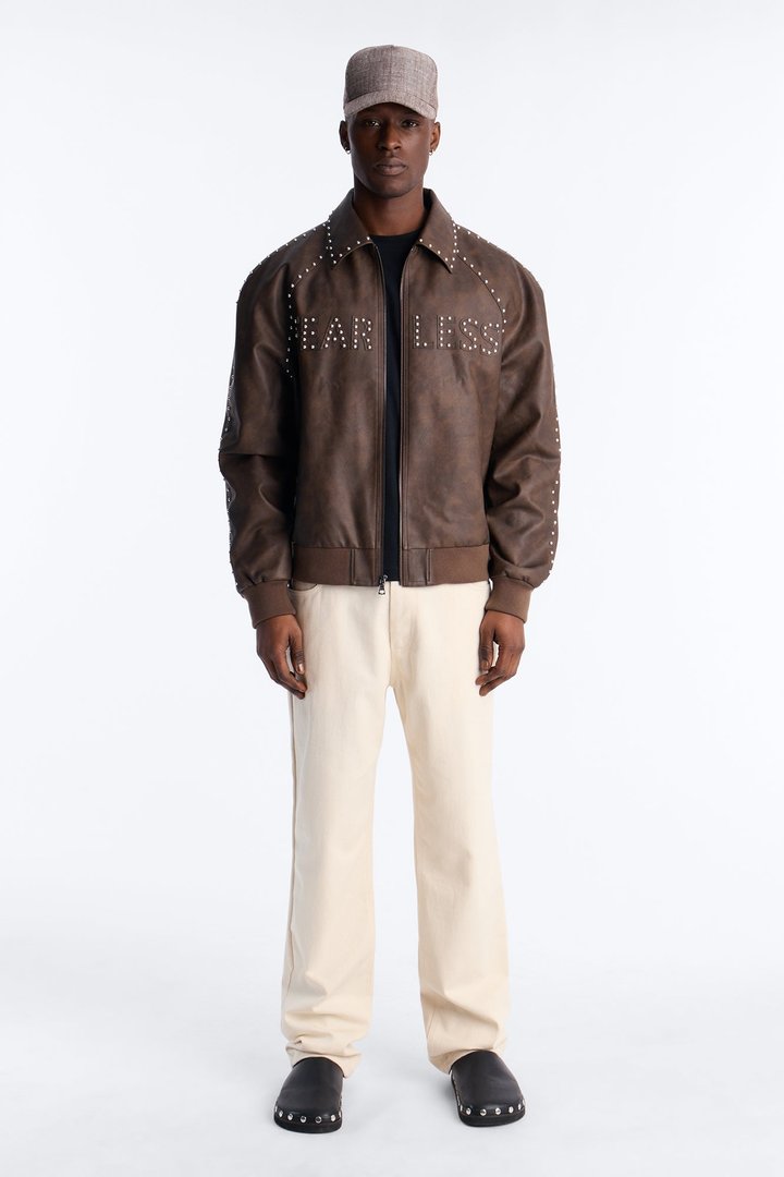 Fearless Victory Faux Leather Studded Bomber Jacket - Brown