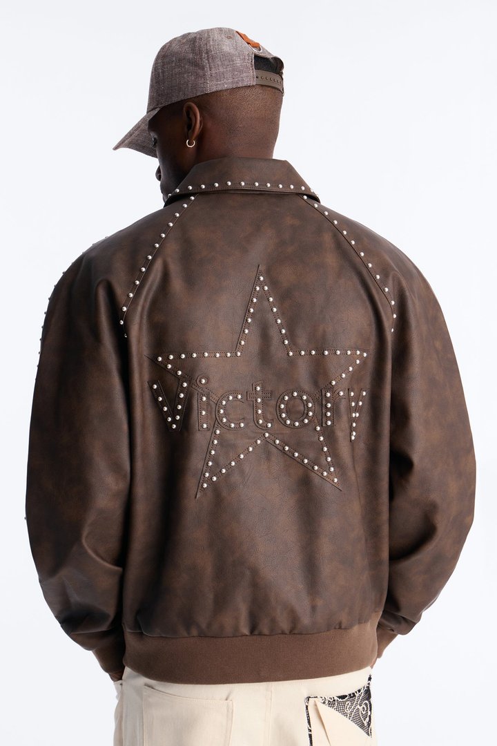 Fearless Victory Faux Leather Studded Bomber Jacket - Brown