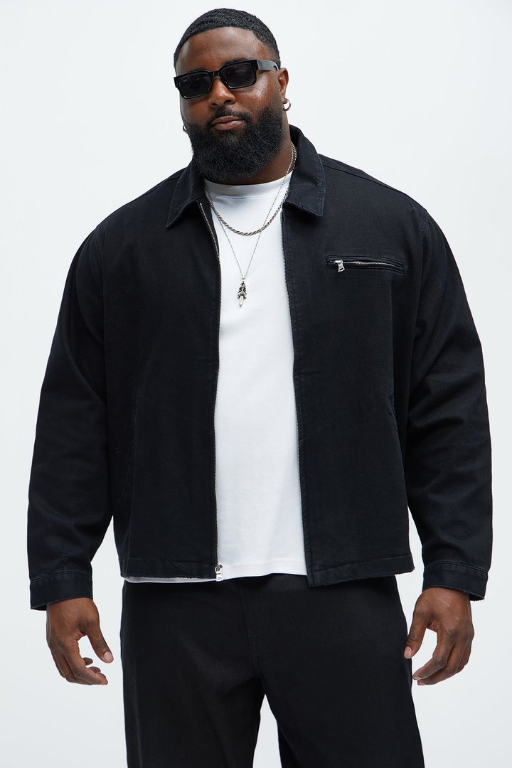 Distressed Zip Denim Jacket - Black