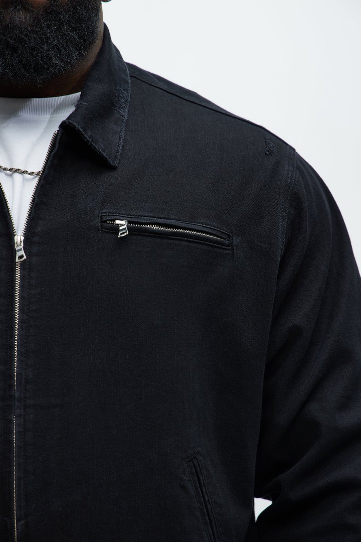 Distressed Zip Denim Jacket - Black