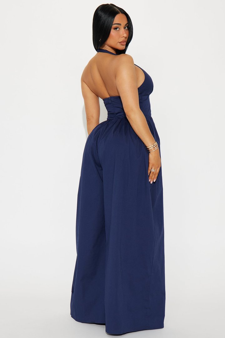 Lighter Than Air Poplin Halter Jumpsuit - Navy