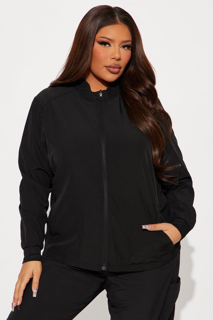 On The Clock Stretch Zip Up Scrub Uniform Jacket - Black