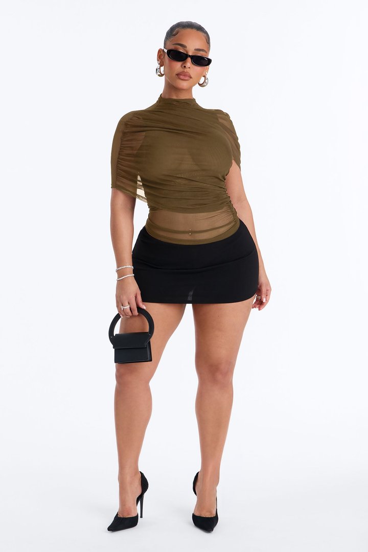 Kendall Mesh Mock Neck Short Sleeve Top - Olive