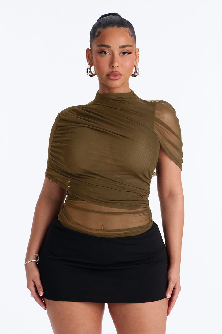 Kendall Mesh Mock Neck Short Sleeve Top - Olive
