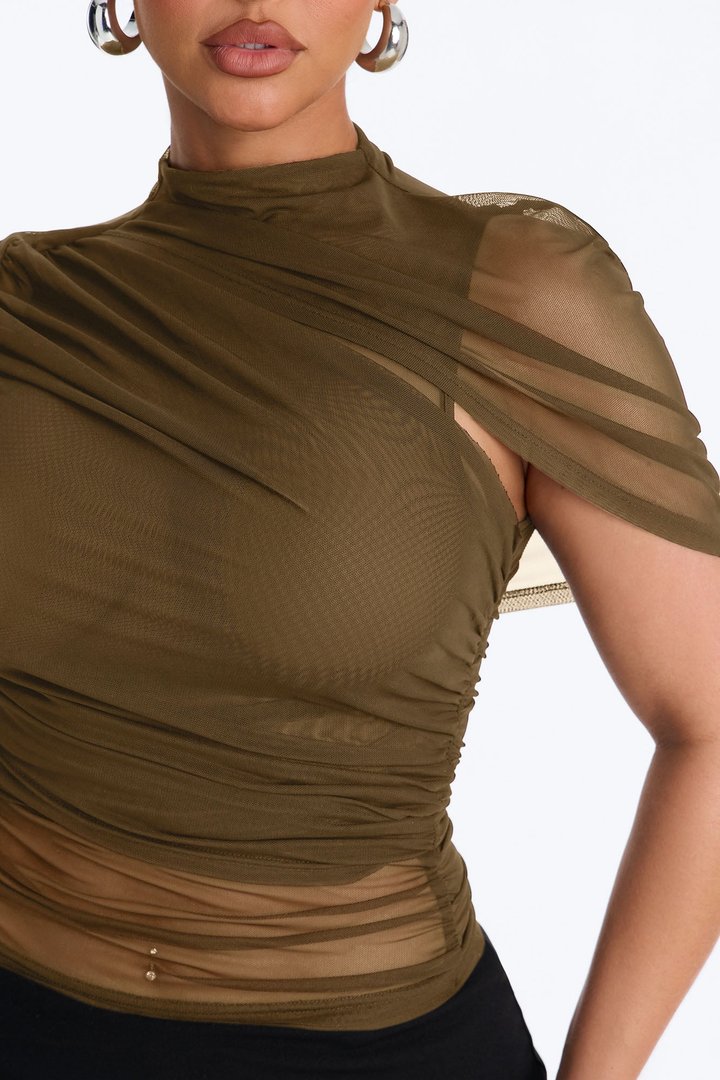 Kendall Mesh Mock Neck Short Sleeve Top - Olive