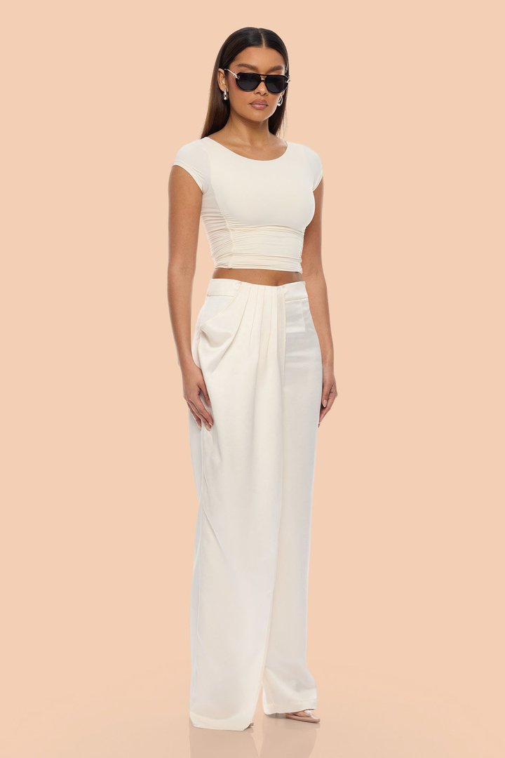 Quinn Pleated Drape Satin Pant - Cream