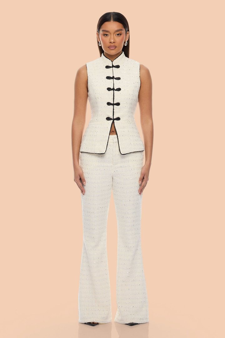 Romey Embellished Tweed Pant Set - Cream/combo