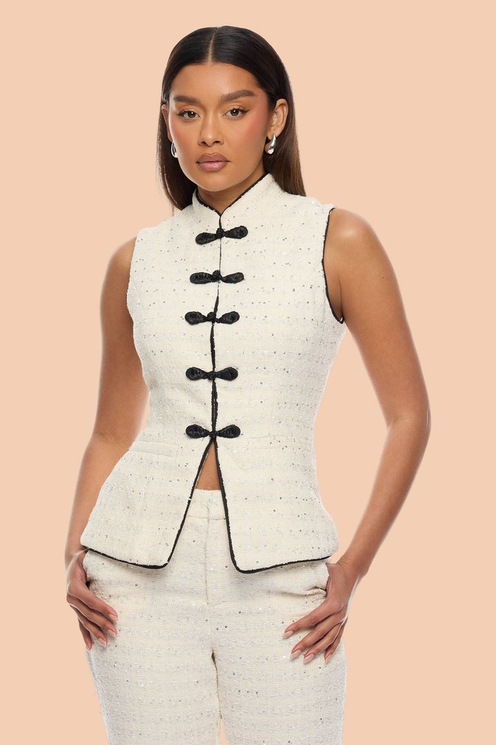 Romey Embellished Tweed Pant Set - Cream/combo
