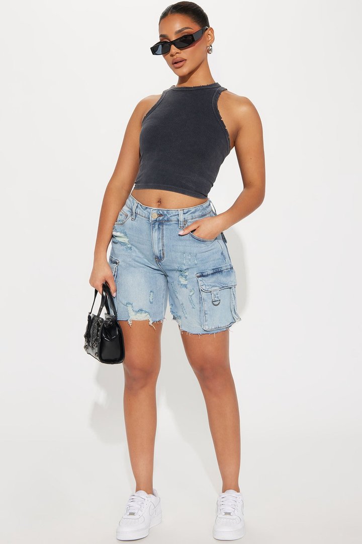 Find A Way Stretch Cargo Denim Shorts - Light Wash
