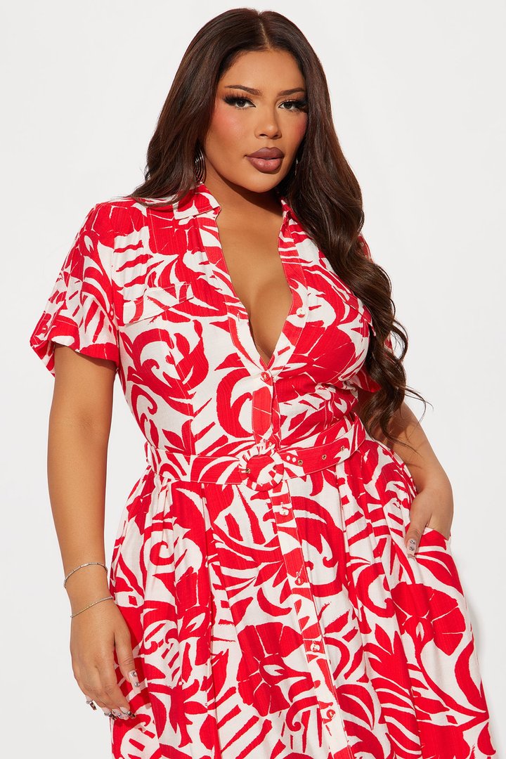 Out Of Office Printed Maxi Shirt Dress - Red/combo