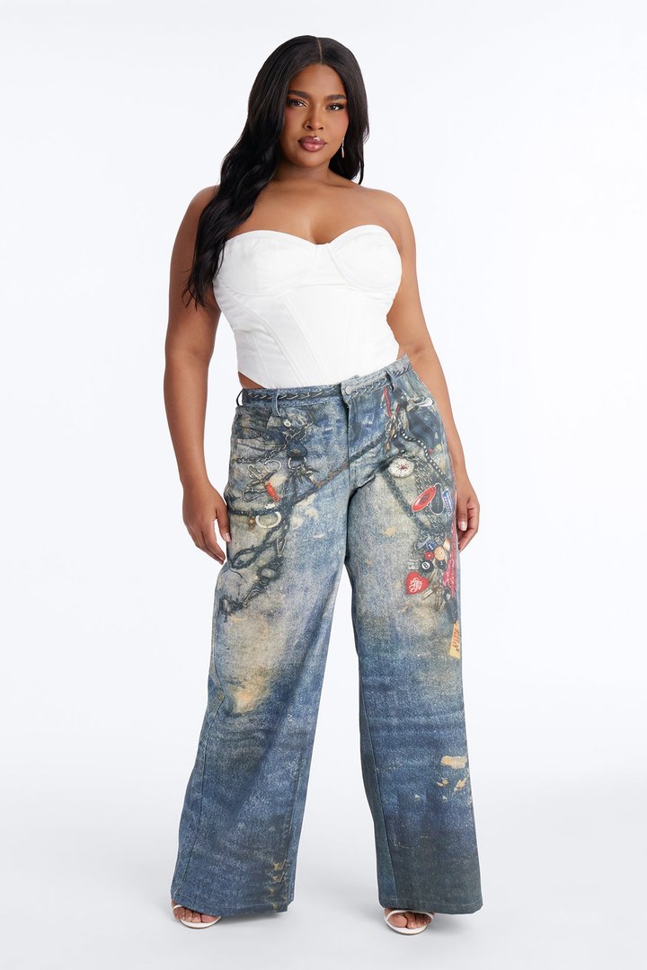 Baddie Essentials Low Rise Graphic Denim Print Pant 33″ - Blue/combo