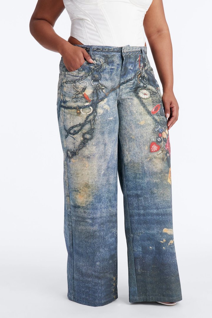 Baddie Essentials Low Rise Graphic Denim Print Pant 33″ - Blue/combo