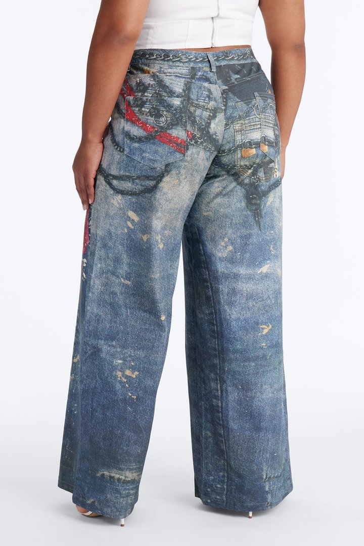 Baddie Essentials Low Rise Graphic Denim Print Pant 33″ - Blue/combo