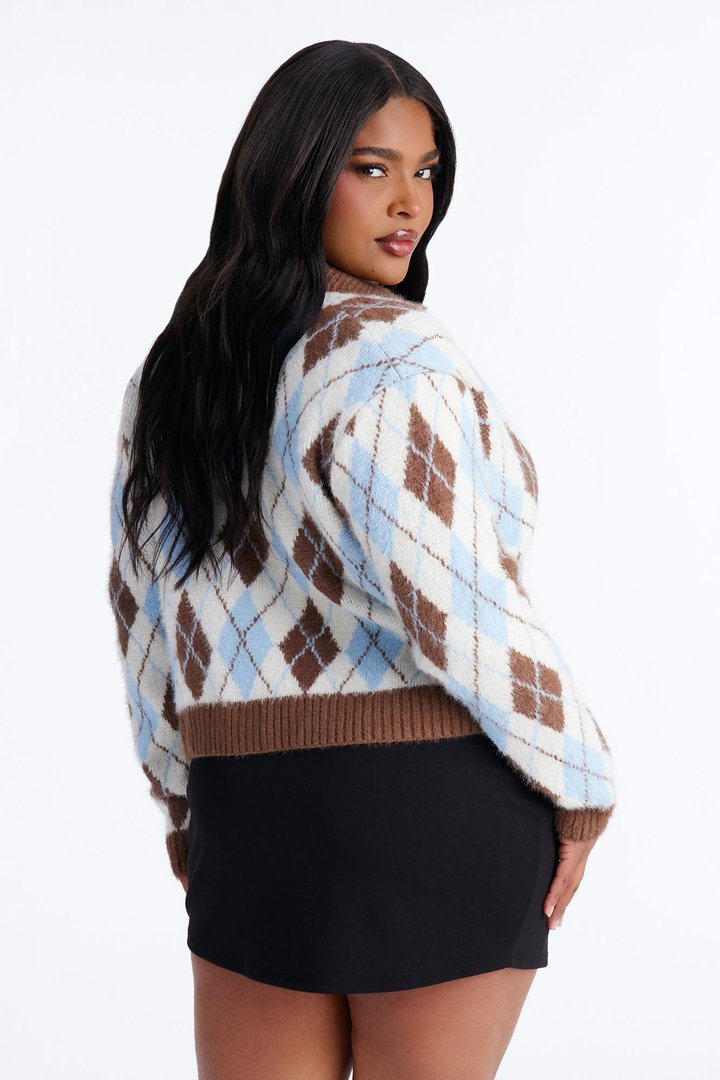 Booked And Busy Collared Argyle Cardigan Sweater - Light Blue