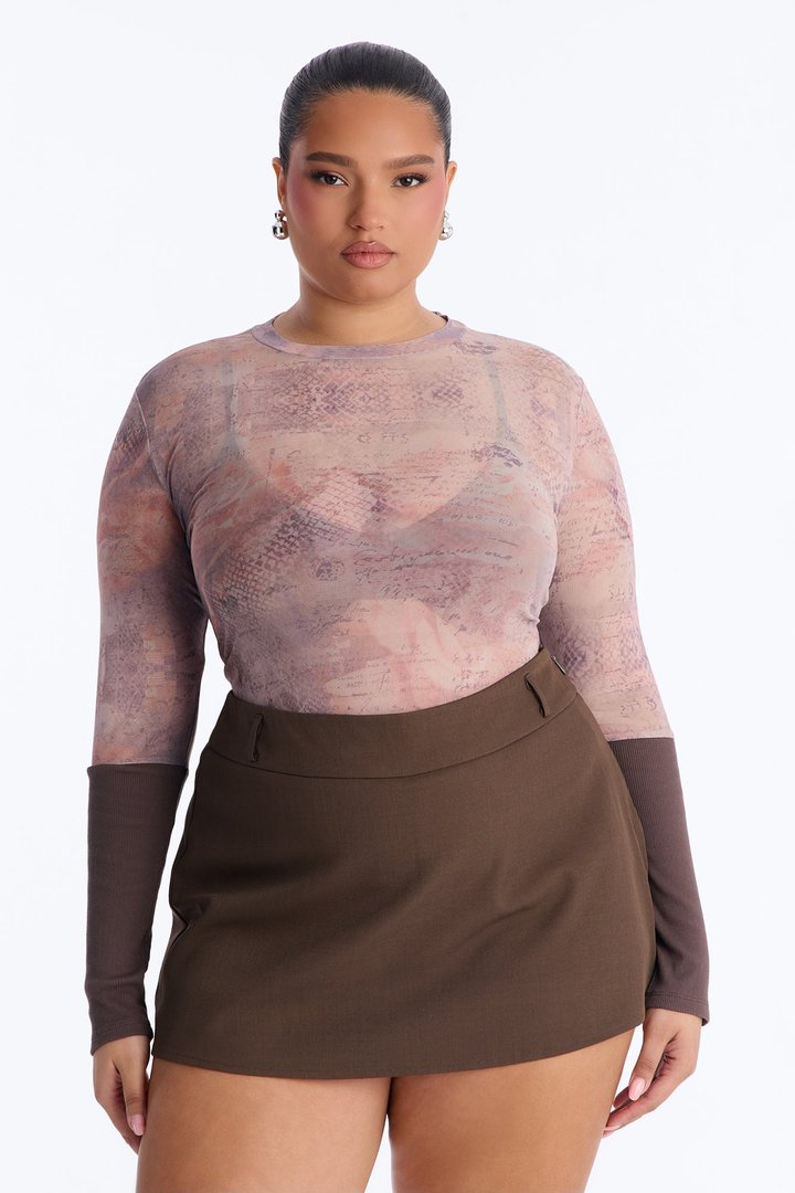 Lacey Long Sleeve Mesh Top - Brown/combo