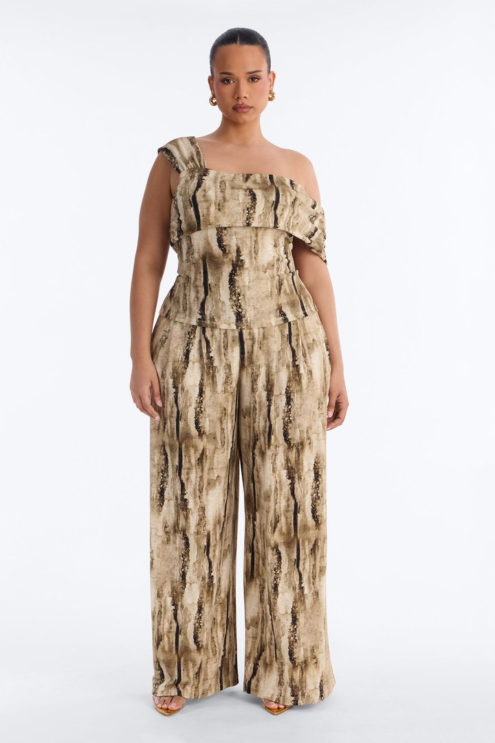 Olivia Printed One Shoulder Pant Set - Olive/combo