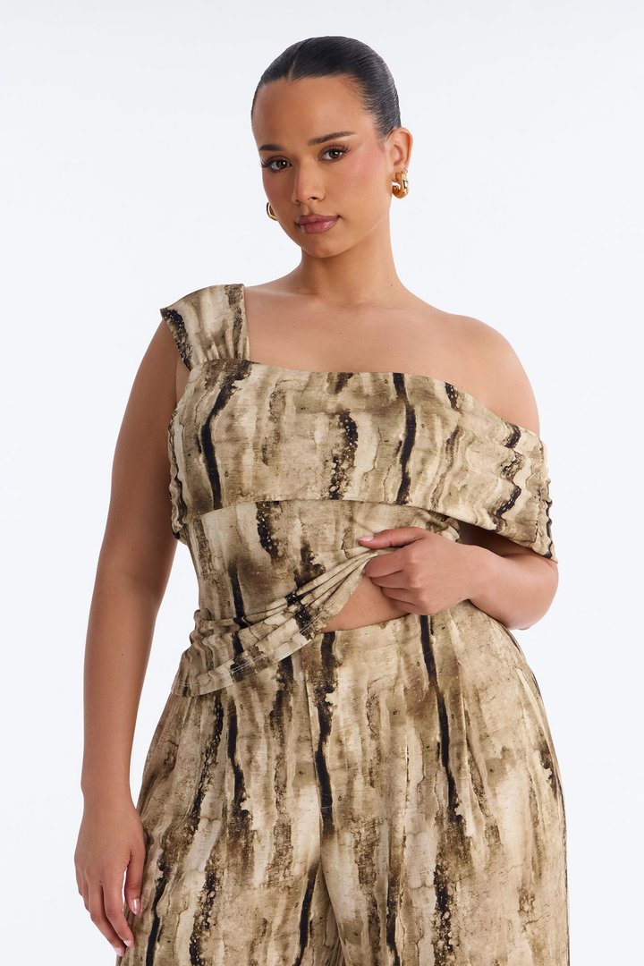 Olivia Printed One Shoulder Pant Set - Olive/combo