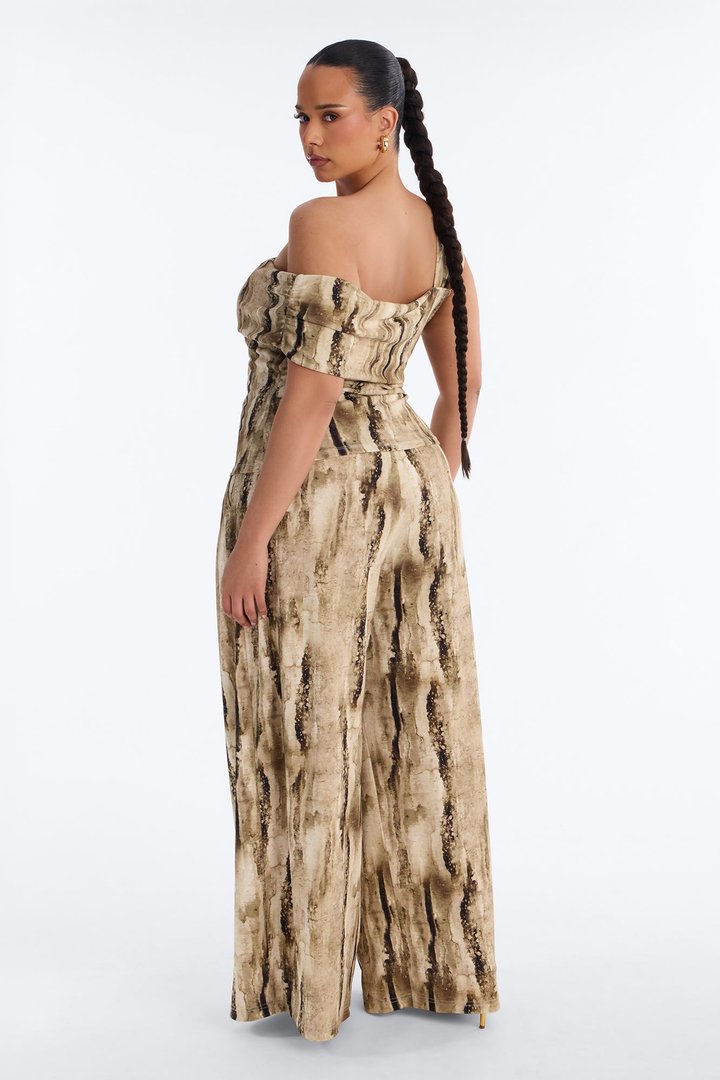Olivia Printed One Shoulder Pant Set - Olive/combo
