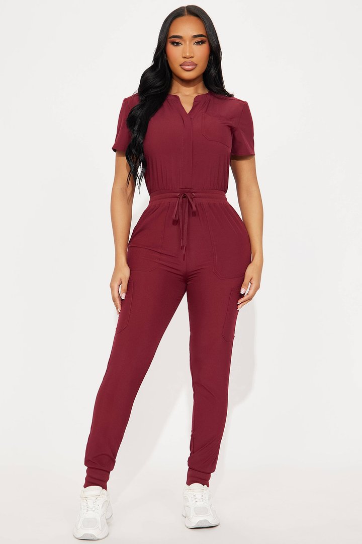 Full Shift Stretch Jogger Scrub Uniform Jumpsuit - Wine