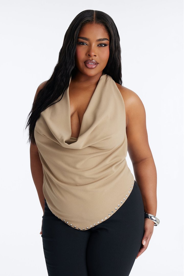 Piper Studded Crepe Knit Cowl Neck Halter Top - Stone