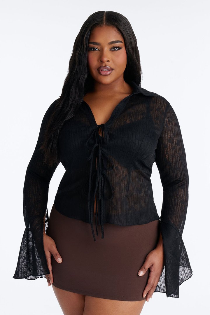 Emerson Textured Gauze Tie Long Sleeve Top - Black