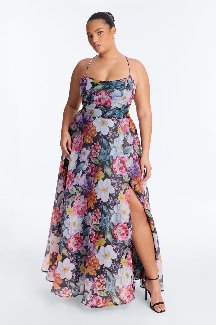 Lacey Floral Organza Gown - Black/combo