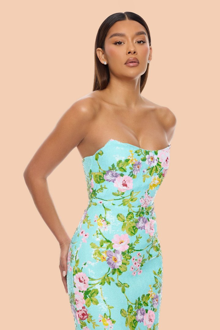 Leah Strapless Sequin Midi Dress - Turquoise/combo