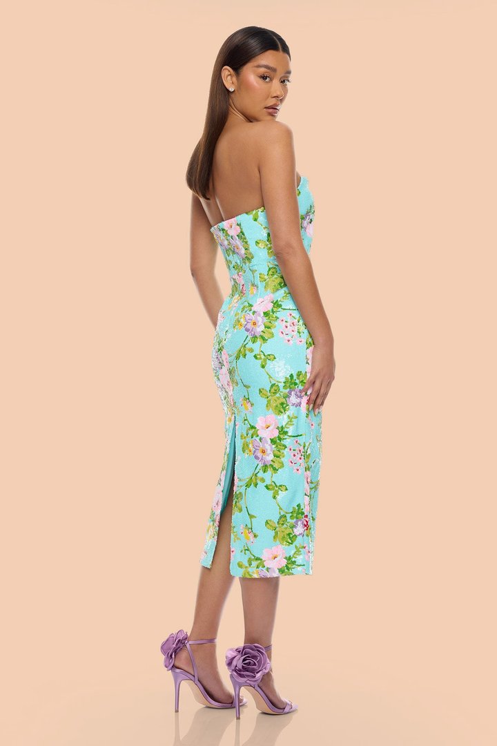 Leah Strapless Sequin Midi Dress - Turquoise/combo