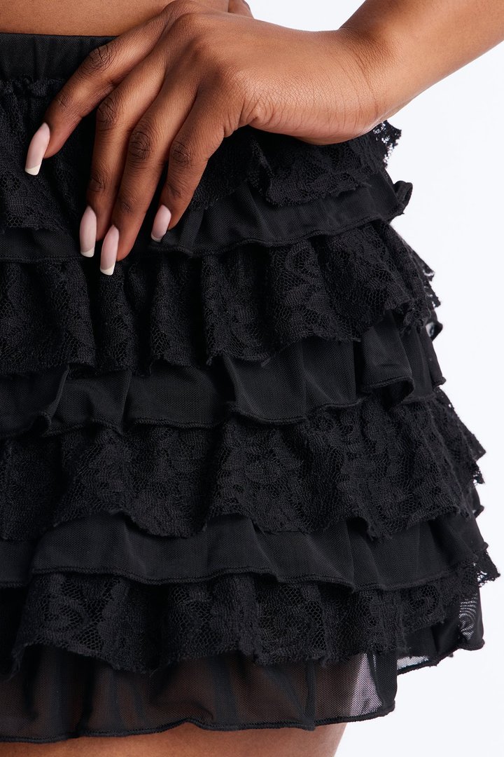Maribelle Tiered Ruffle Lace Mini Skirt - Black