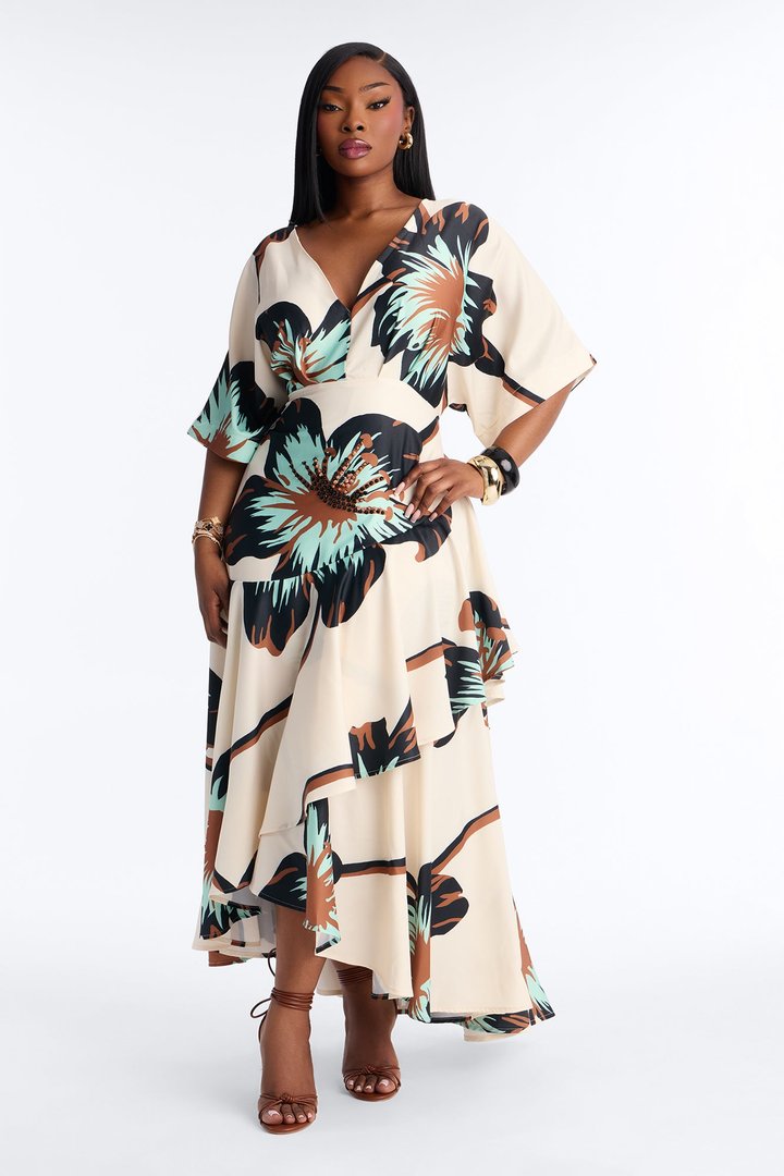 Marlene Short Sleeve Satin Maxi Dress - Ivory/combo