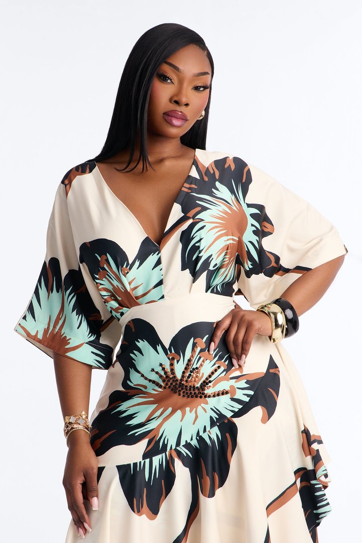 Marlene Short Sleeve Satin Maxi Dress - Ivory/combo