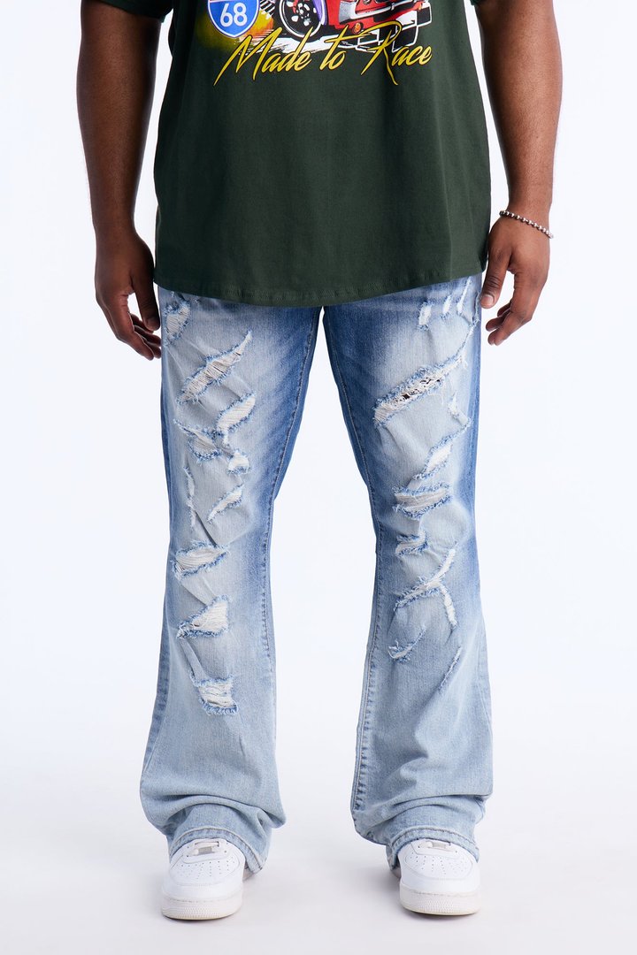 Stacked Skinny Flare Up And Destroyed Jean - Light Blue Wash