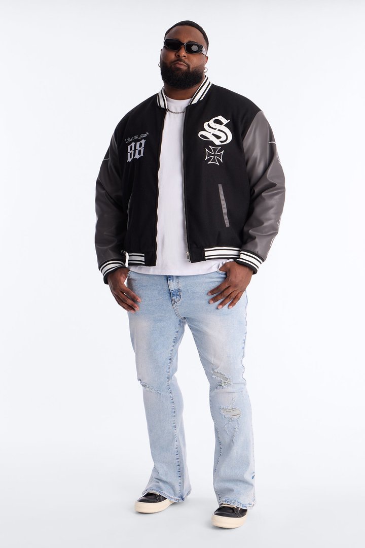 Grace Found Me Rhinestone Varsity Jacket - Black