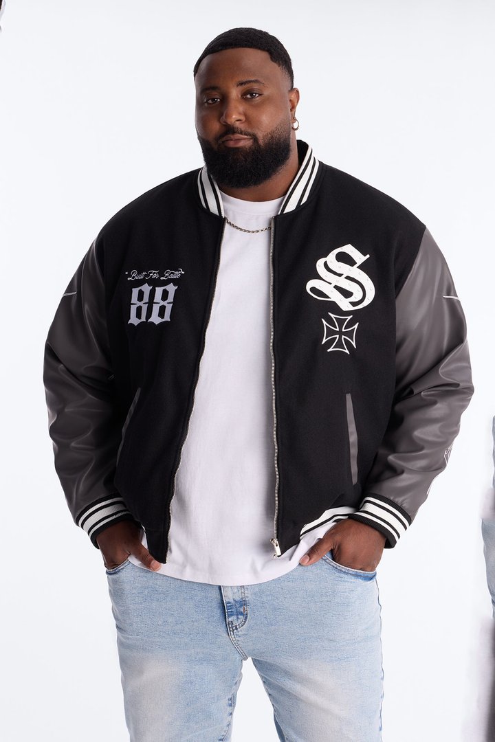 Grace Found Me Rhinestone Varsity Jacket - Black