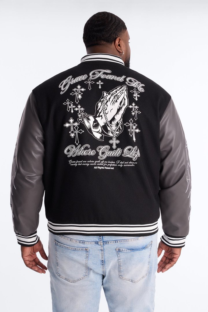 Grace Found Me Rhinestone Varsity Jacket - Black