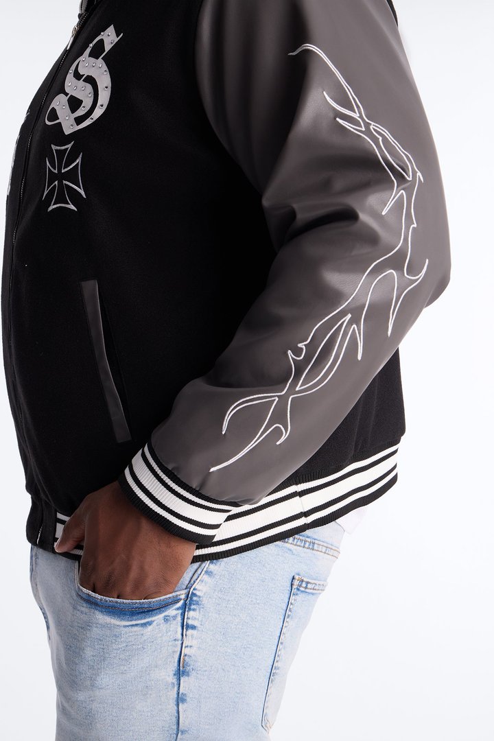 Grace Found Me Rhinestone Varsity Jacket - Black