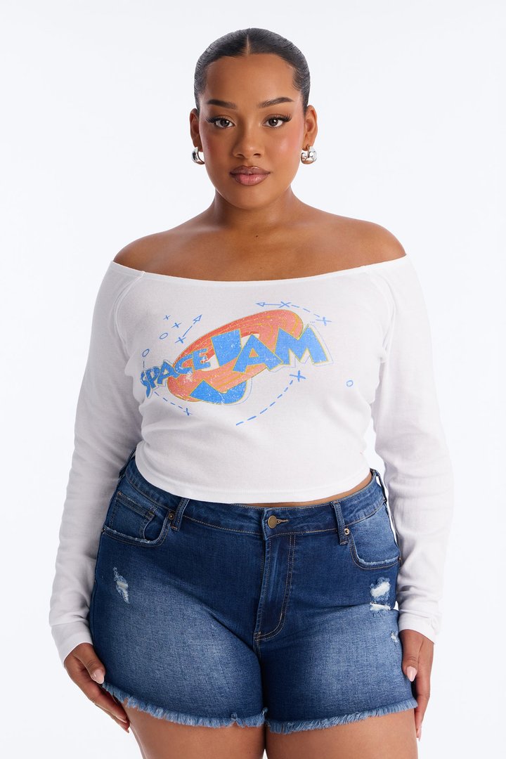 Space Jam Off Shoulder Long Sleeve Baby Tee - White