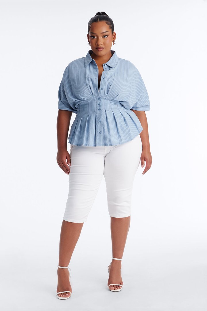 Take It Easy Pleated Stripe Linen Shirt - Blue/combo