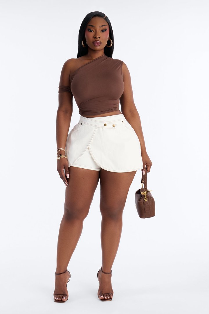 Ella Solid Scallop Wrap Denim Mini Skort - White