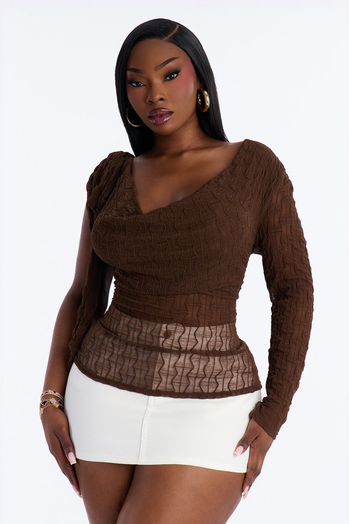 Heirloom Grace Textured Cowl Neck Long Sleeve Top - Brown