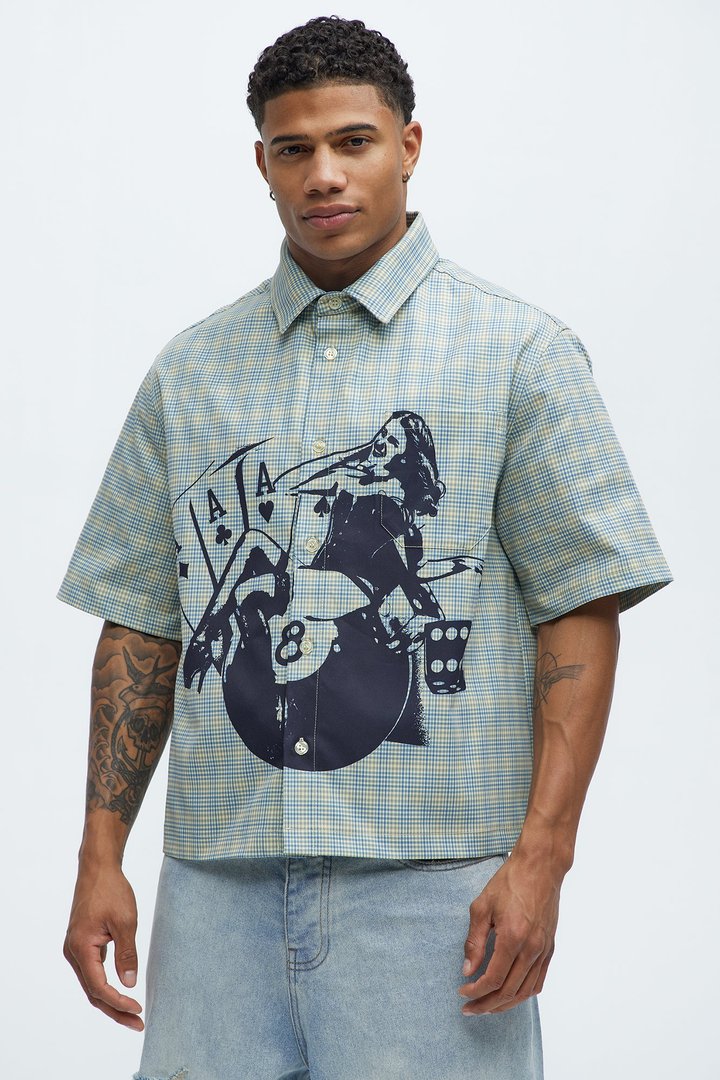 Cropped Pin Up Graphic Button Up Shirt - Green/combo