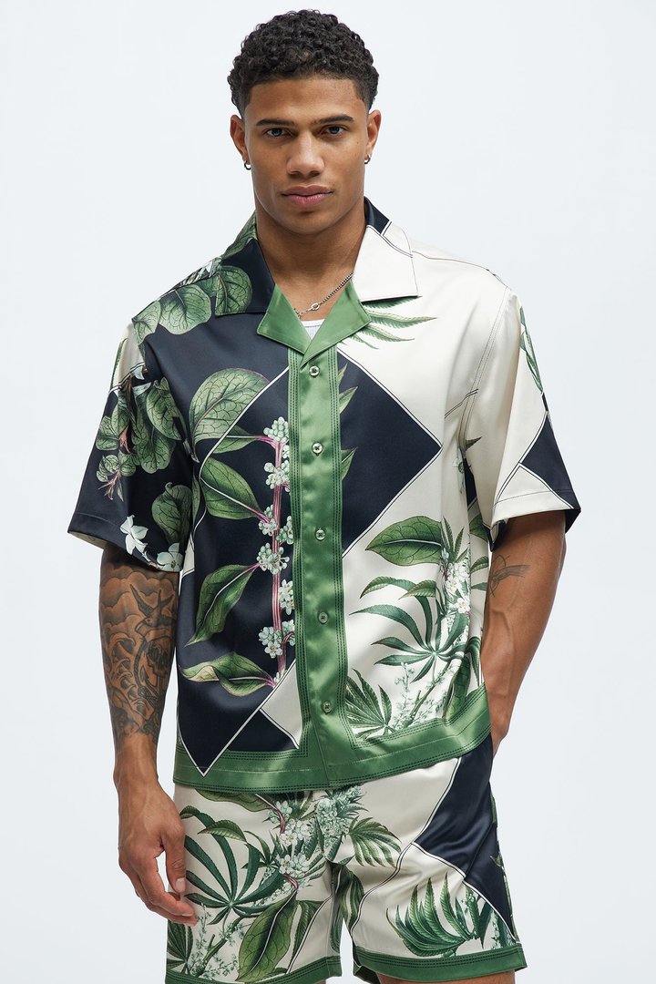 Agrarian Printed Cuban Collar Shirt - Green/combo