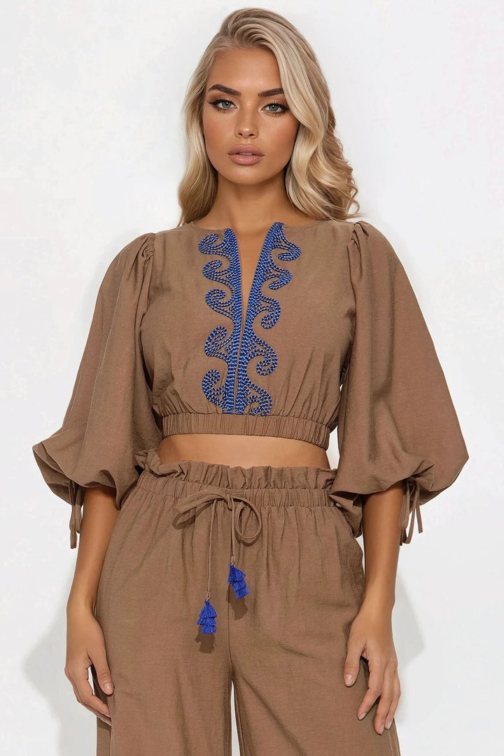 Cecilia Embroidered Linen Pant Set - Mocha